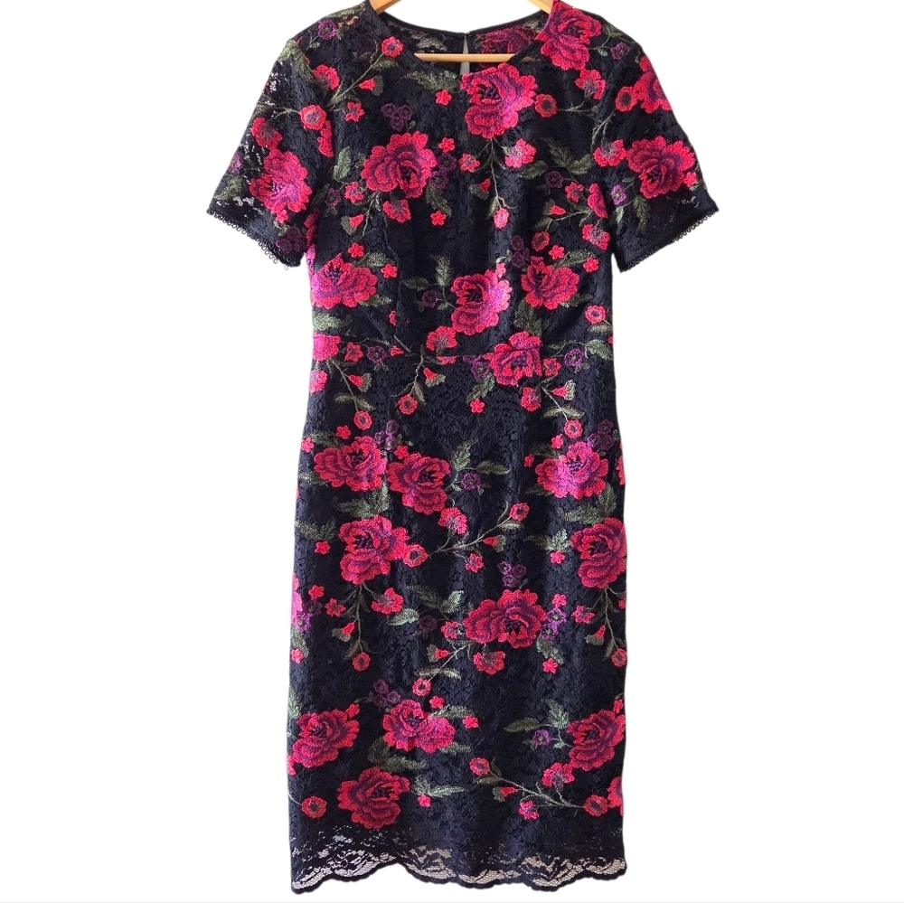 Trina Turk Women's Dress Floral Red Black Size 10 Lace Midi Length Embroidered - Picture 5 of 16
